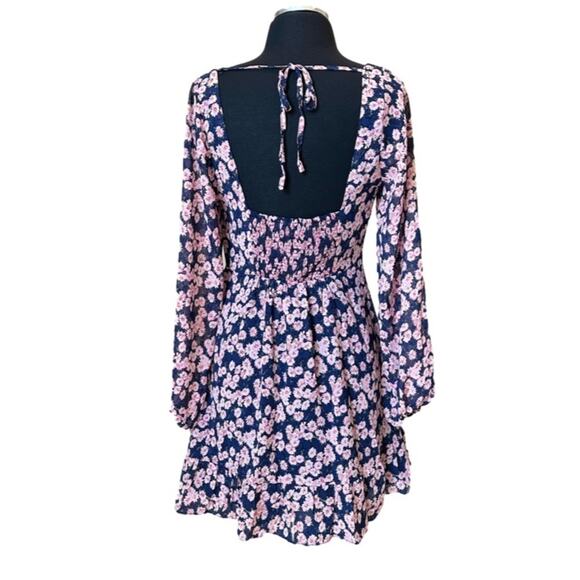 Lush Ditsy Floral Print Tie Front Puff Long Sleeve Minidress Blue Pink NEW Sz M - Picture 3 of 15
